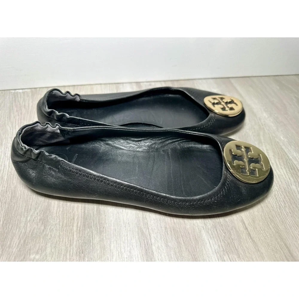 Tory‎ Burch Black Leather Ballet Flats Gold Logo Women Size 8.5